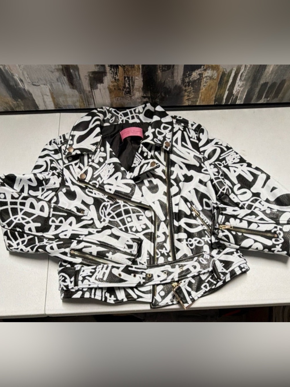 Azalea Wang No Game Graffiti-Print Black & White Faux Leather Moto Jacket. - Picture 4 of 8